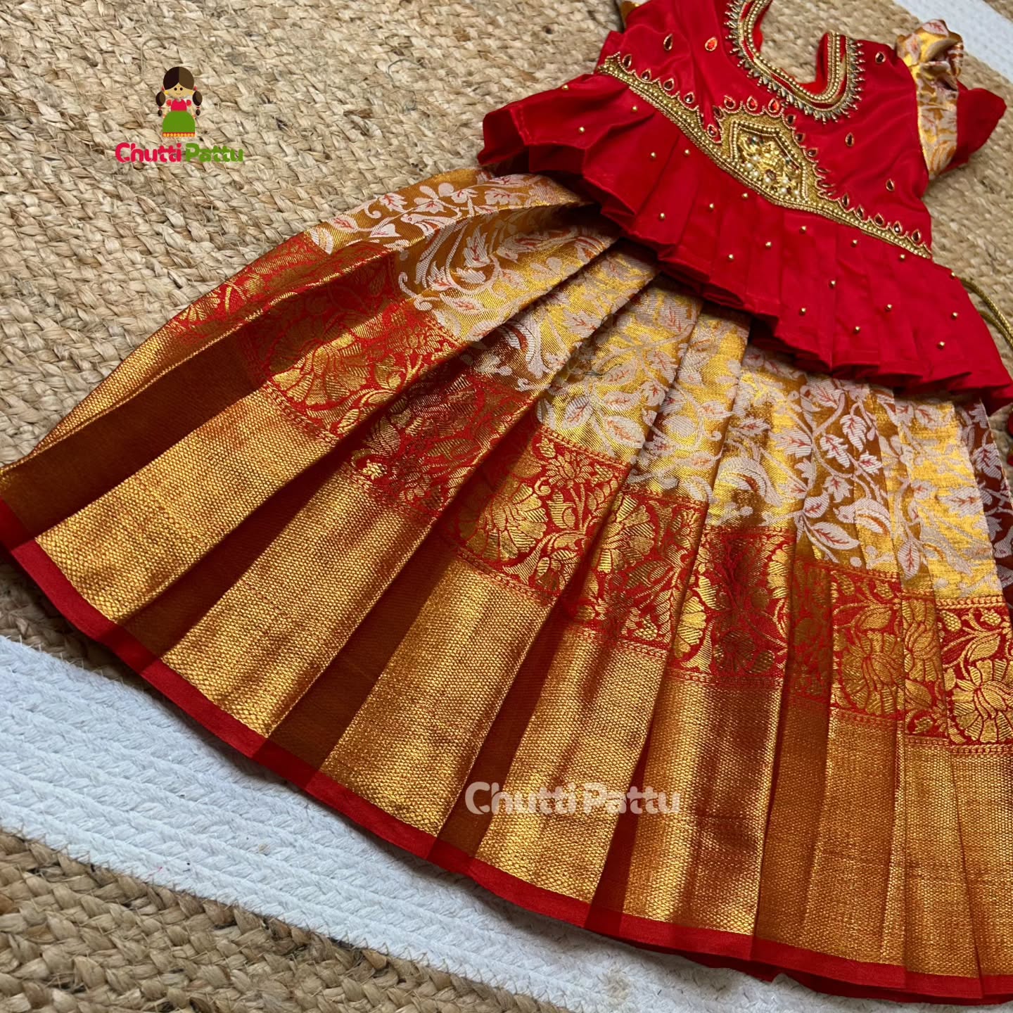 Golden Red Aari Pattu Pavadai with Lakshmi Pendant | CPM_0279