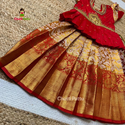 Golden Red Aari Pattu Pavadai with Lakshmi Pendant | CPM_0279