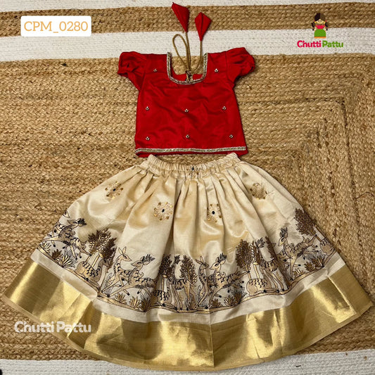 Red & Off-White Soft Tussar Silk Kalamkari Embroidered Set | CPM_0280