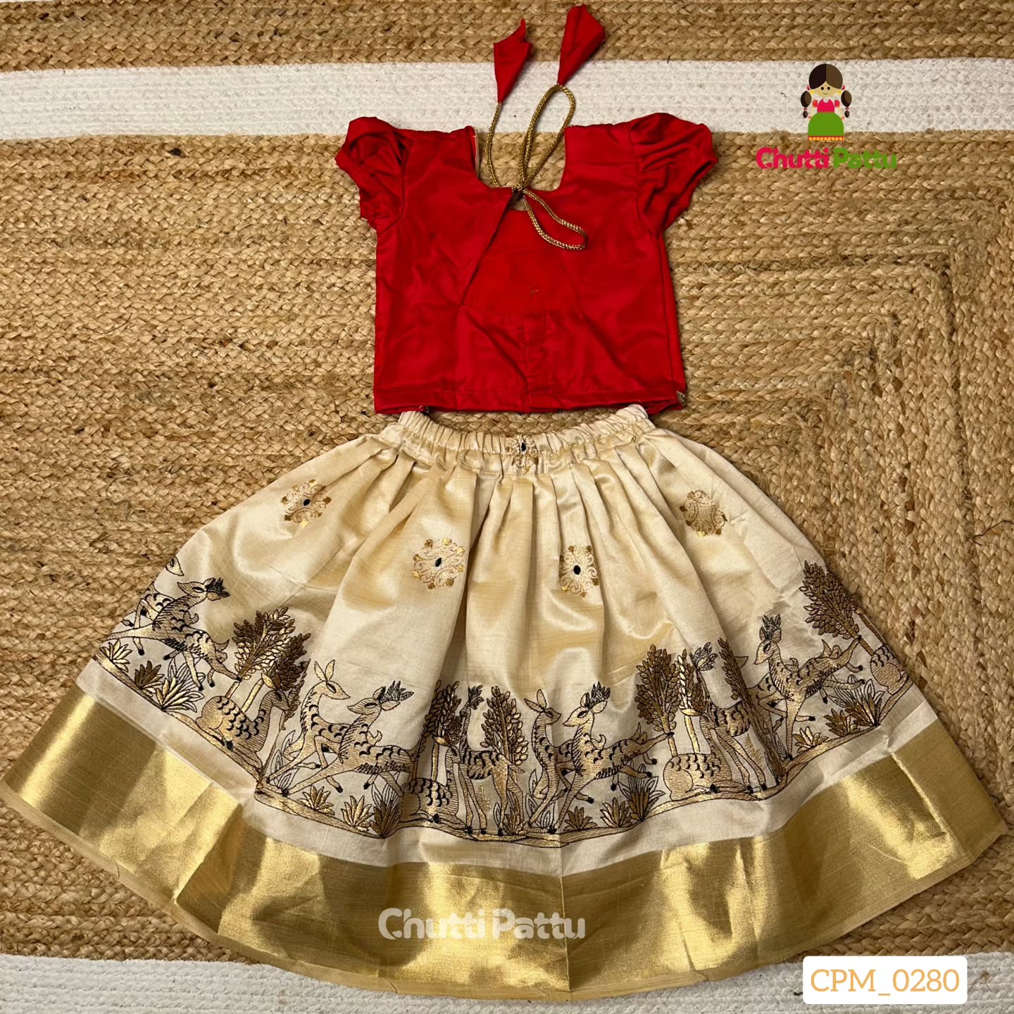 Red & Off-White Soft Tussar Silk Kalamkari Embroidered Set | CPM_0280