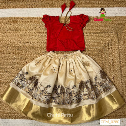 Red & Off-White Soft Tussar Silk Kalamkari Embroidered Set | CPM_0280