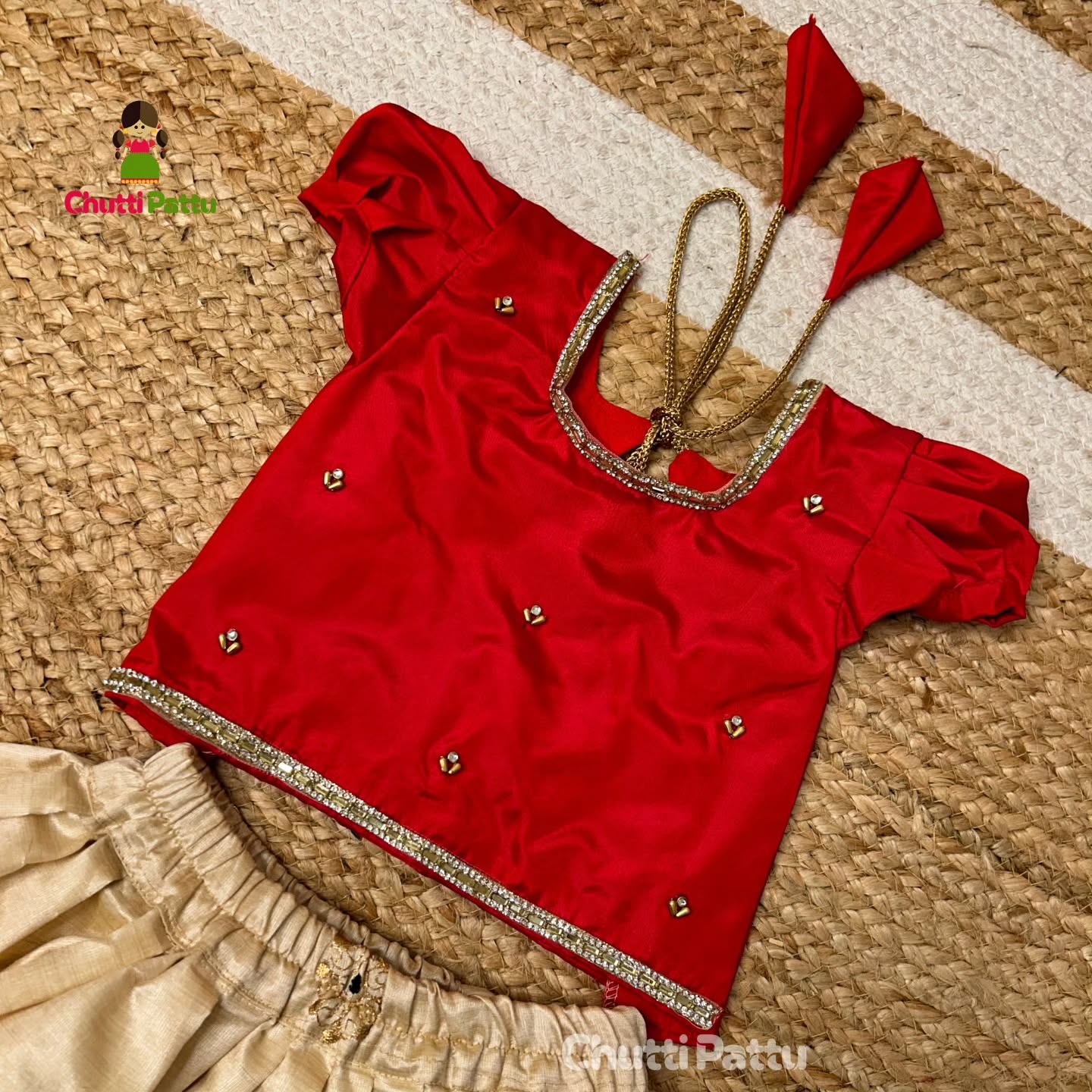 Red & Off-White Soft Tussar Silk Kalamkari Embroidered Set | CPM_0280