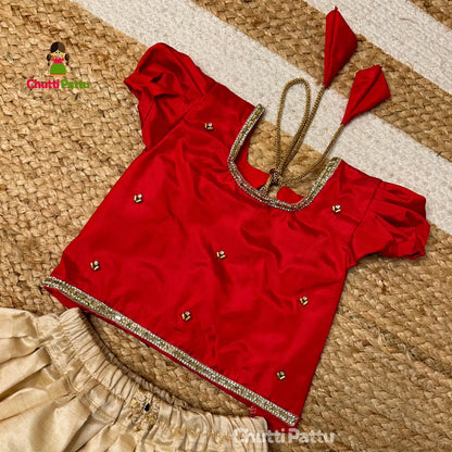 Red & Off-White Soft Tussar Silk Kalamkari Embroidered Set | CPM_0280