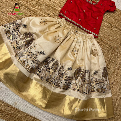 Red & Off-White Soft Tussar Silk Kalamkari Embroidered Set | CPM_0280