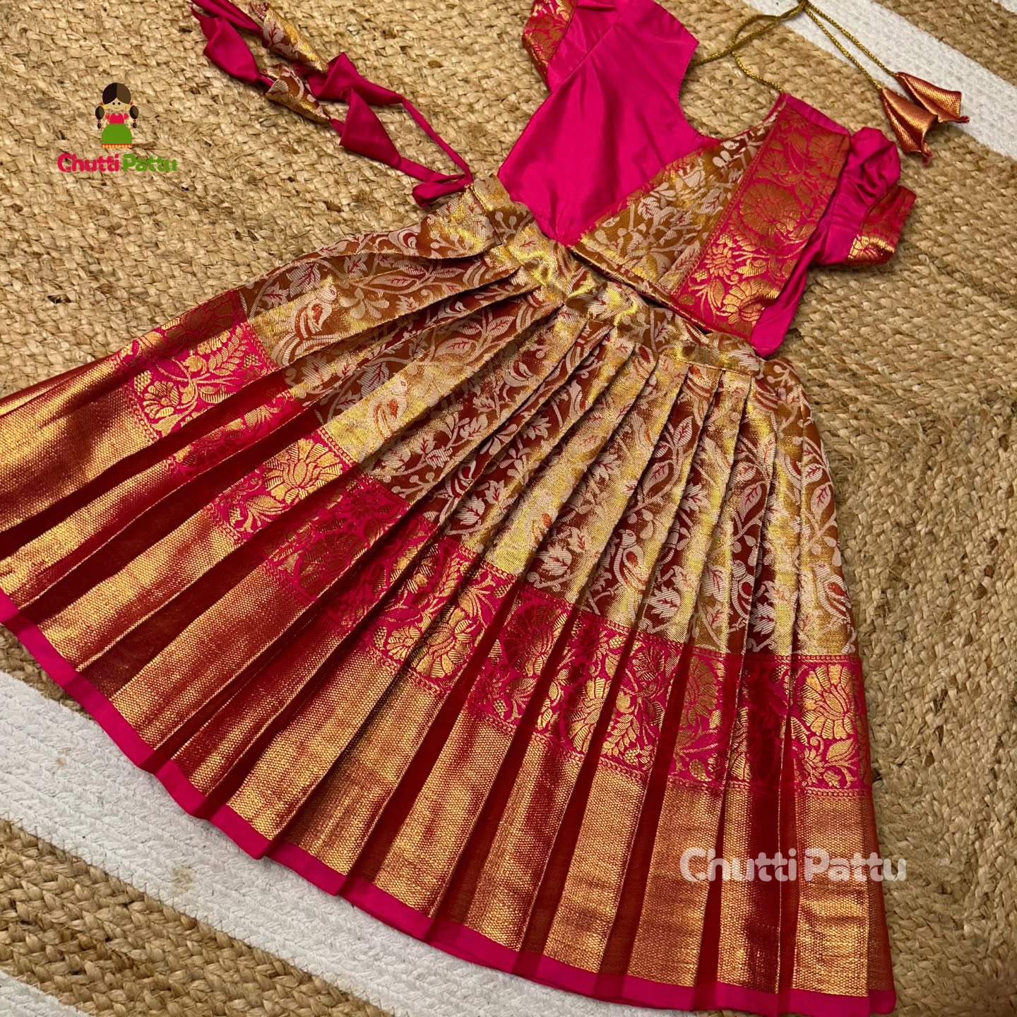 Golden Pink Half Saree Style Kanchi Tissue Silk Pattu Pavadai | CPM_0283