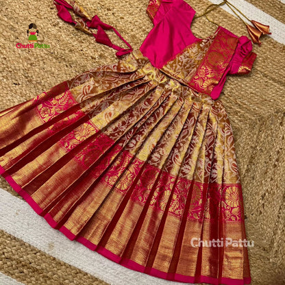 Golden Pink Half Saree Style Kanchi Tissue Silk Pattu Pavadai | CPM_0283