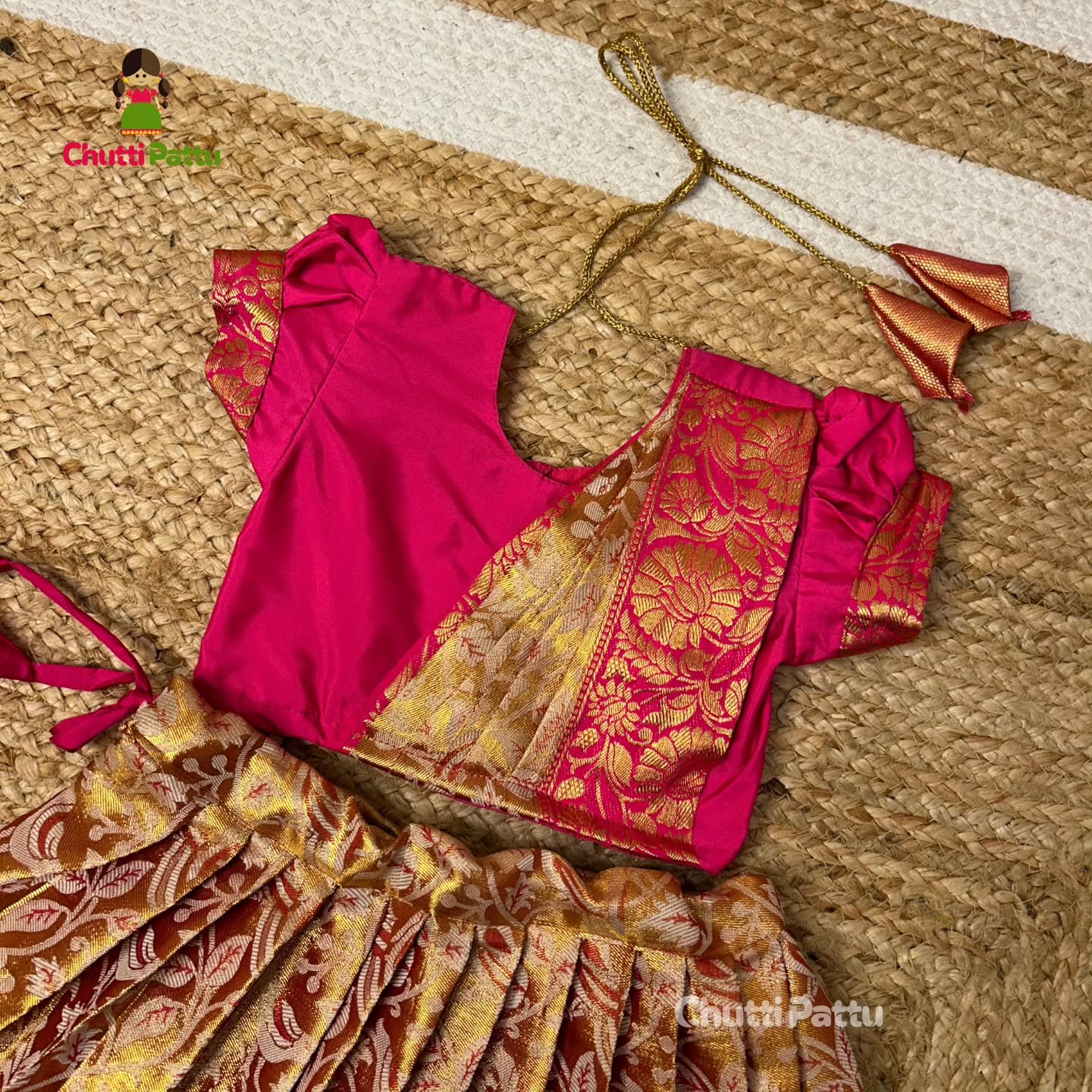 Golden Pink Half Saree Style Kanchi Tissue Silk Pattu Pavadai | CPM_0283
