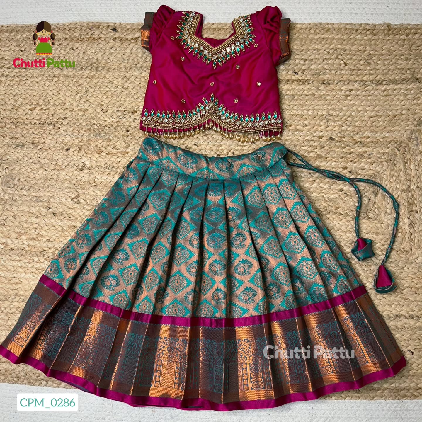Light Teal Green & Magenta Kanchi Silk Aari Pattu Pavadai | CPM_0286