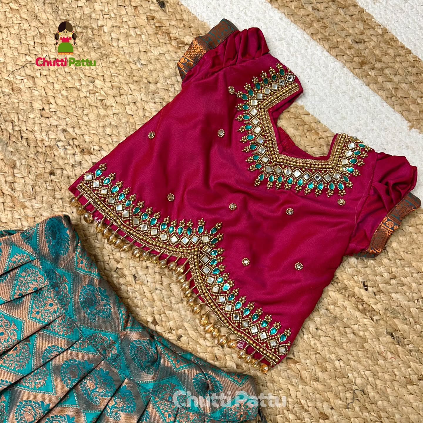 Light Teal Green & Magenta Kanchi Silk Aari Pattu Pavadai | CPM_0286