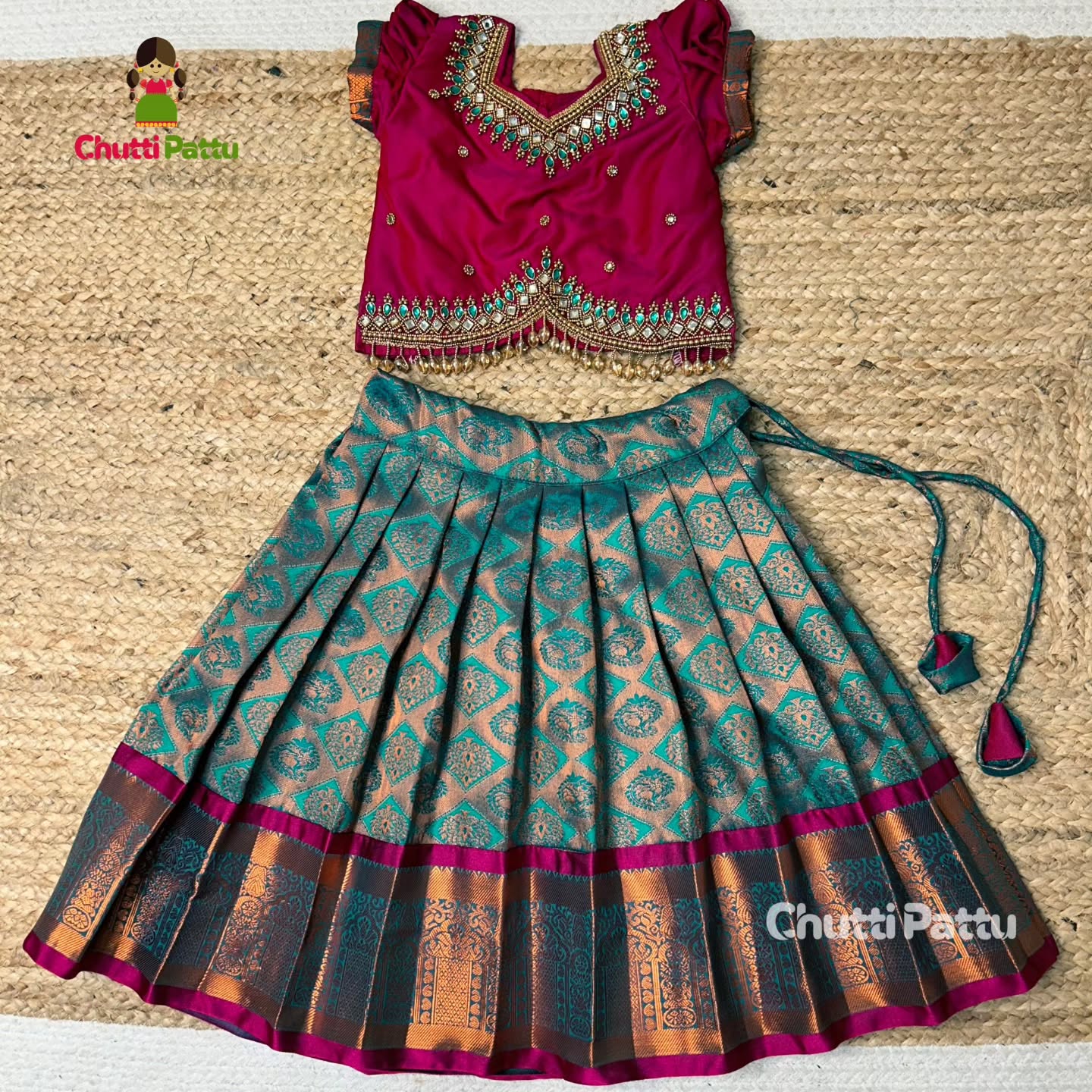 Light Teal Green & Magenta Kanchi Silk Aari Pattu Pavadai | CPM_0286