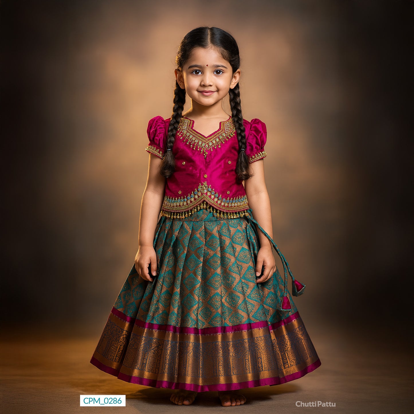 Light Teal Green & Magenta Kanchi Silk Aari Pattu Pavadai | CPM_0286