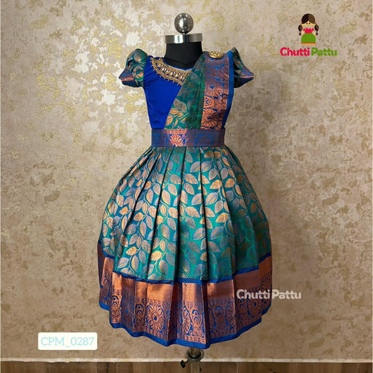 Vennila – Peacock Green & Blue Aari Work Pattu Gown | CPM_0287