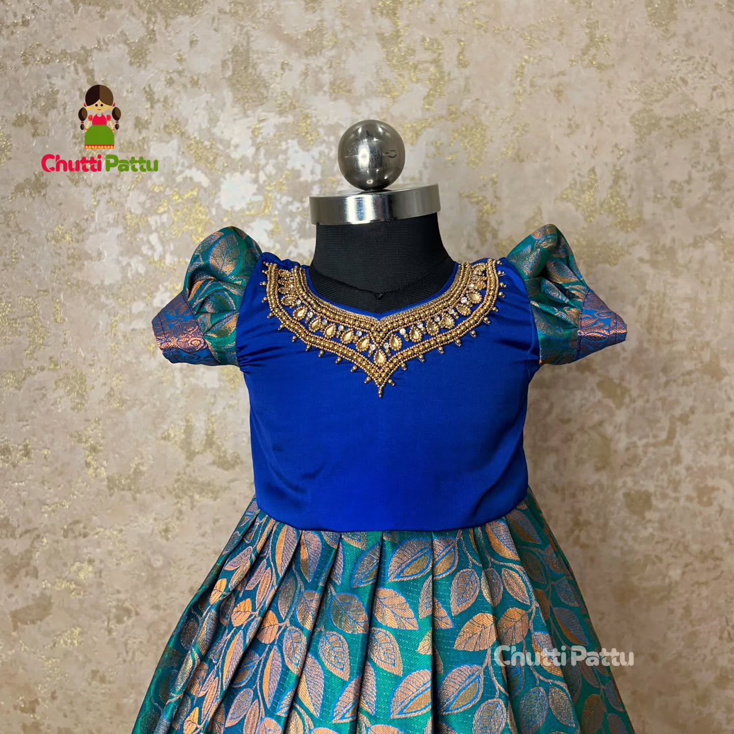 Vennila – Peacock Green & Blue Aari Work Pattu Gown | CPM_0287