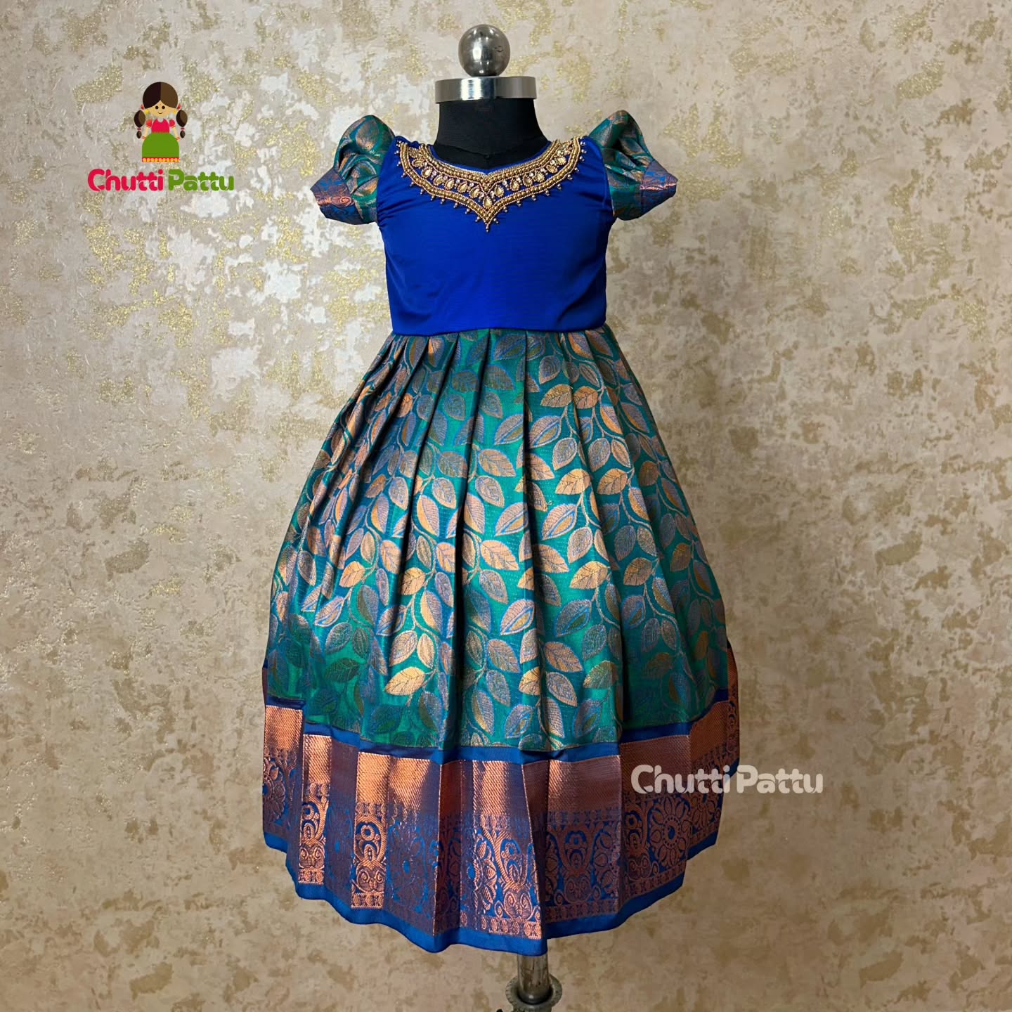 Vennila – Peacock Green & Blue Aari Work Pattu Gown | CPM_0287