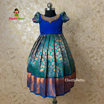 Vennila – Peacock Green & Blue Aari Work Pattu Gown | CPM_0287