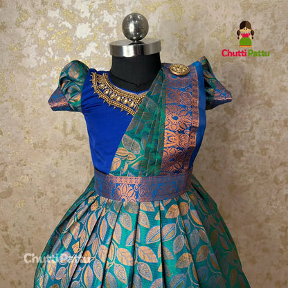 Vennila – Peacock Green & Blue Aari Work Pattu Gown | CPM_0287