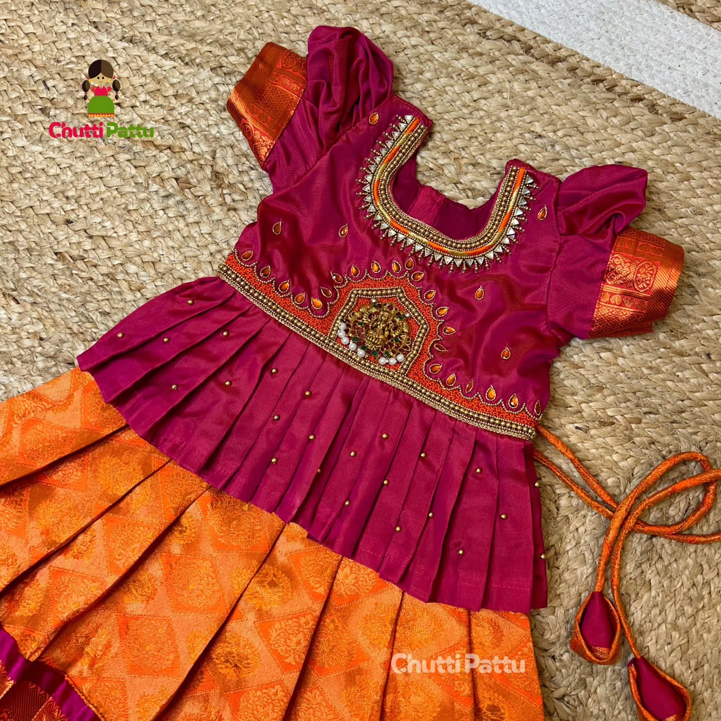 Orange & Pink Lakshmi Pendant Aari Pattu Pavadai |  CPM_0288