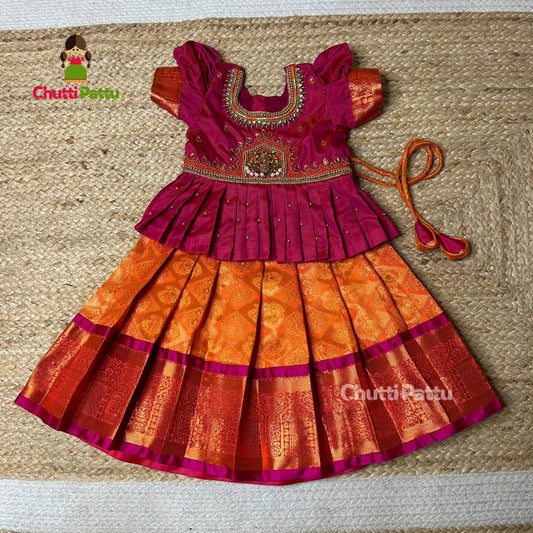 Orange & Pink Lakshmi Pendant Aari Pattu Pavadai |  CPM_0288