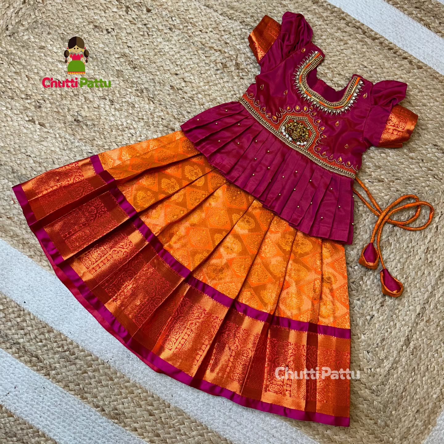 Orange & Pink Lakshmi Pendant Aari Pattu Pavadai |  CPM_0288