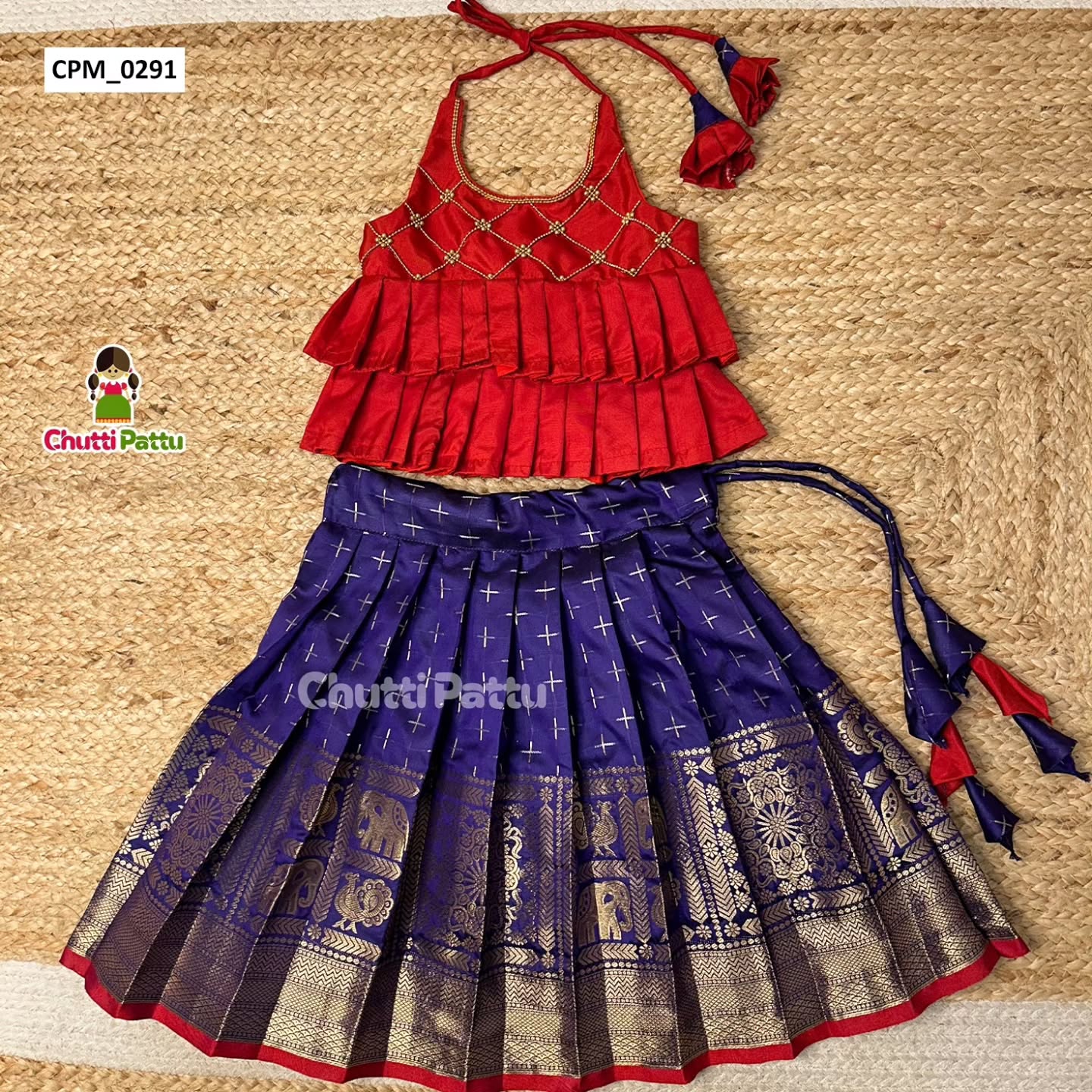 Dark Blue & Red Semi Kanchi Silk Halter Neck Frock | CPM_0291