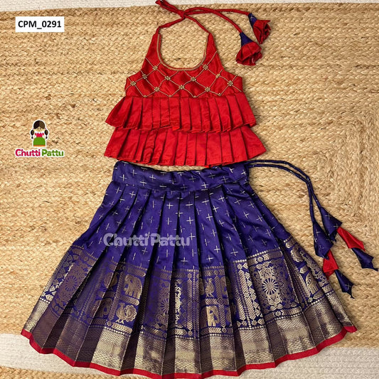 Dark Blue & Red Semi Kanchi Silk Halter Neck Frock | CPM_0291