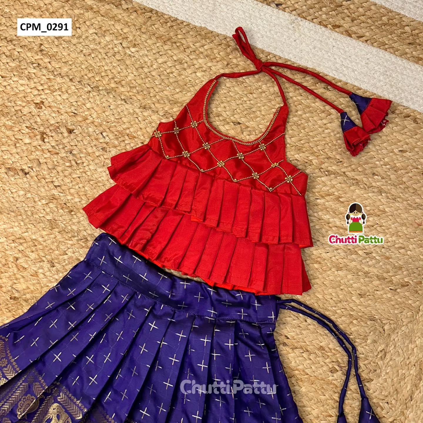 Dark Blue & Red Semi Kanchi Silk Halter Neck Frock | CPM_0291