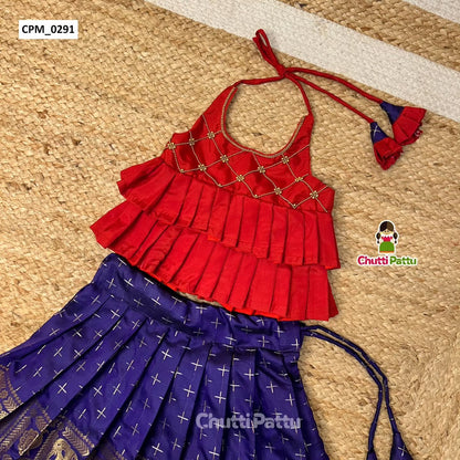 Dark Blue & Red Semi Kanchi Silk Halter Neck Frock | CPM_0291
