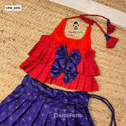 Dark Blue & Red Semi Kanchi Silk Halter Neck Frock | CPM_0291