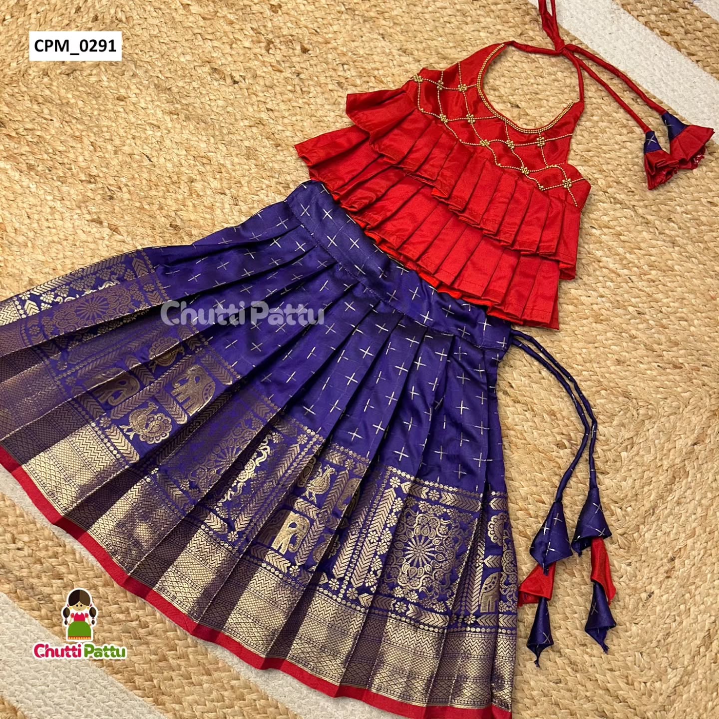 Dark Blue & Red Semi Kanchi Silk Halter Neck Frock | CPM_0291