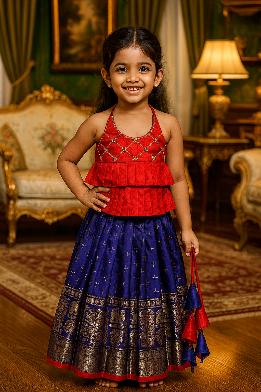 Dark Blue & Red Semi Kanchi Silk Halter Neck Frock | CPM_0291