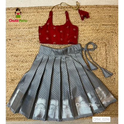 Red & Grey Kanchi Soft Silk Halter Neck Set | CPM_0296