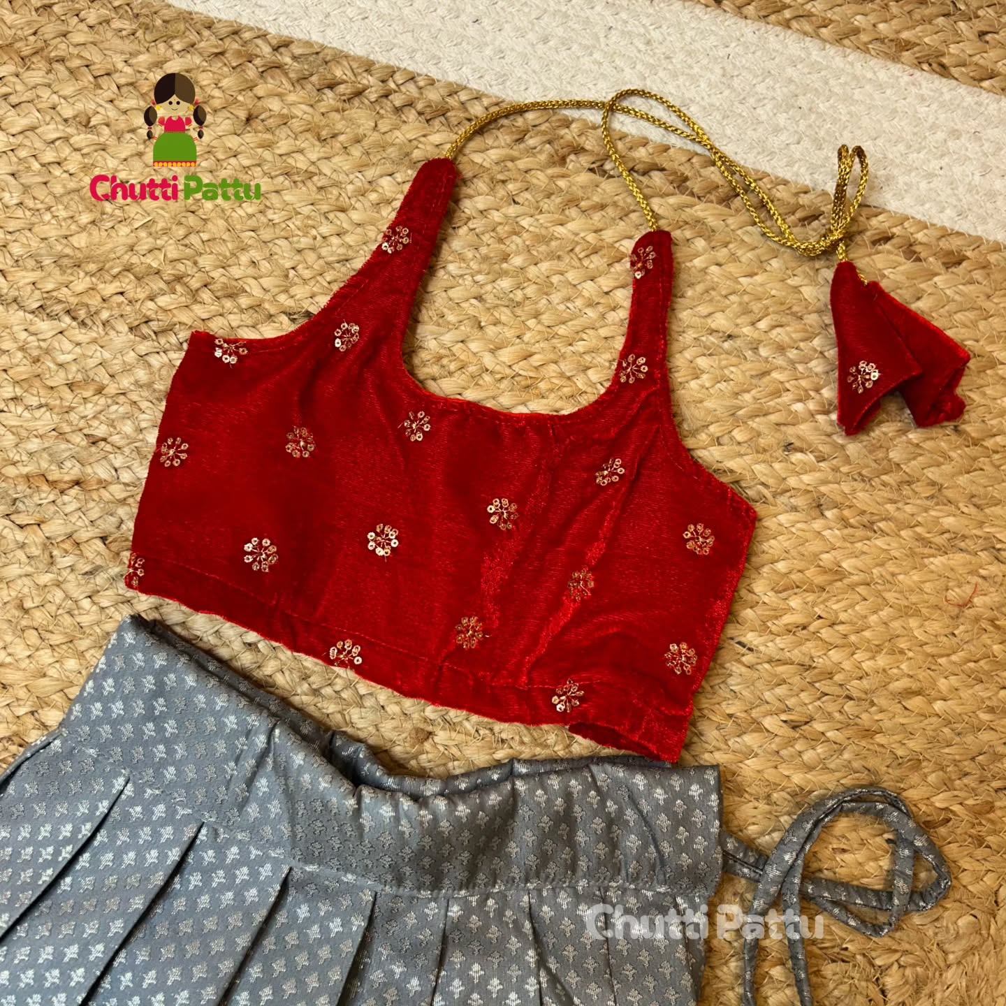 Red & Grey Kanchi Soft Silk Halter Neck Set | CPM_0296