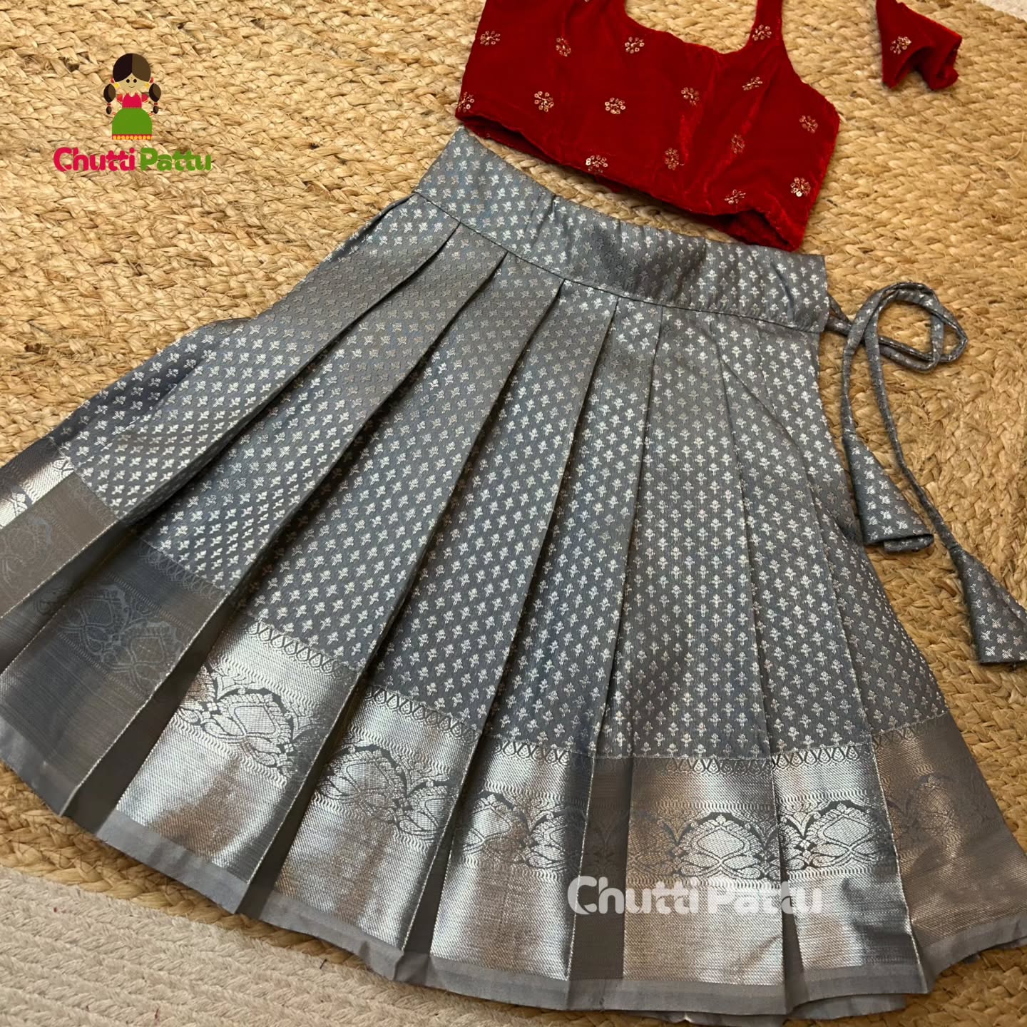 Red & Grey Kanchi Soft Silk Halter Neck Set | CPM_0296