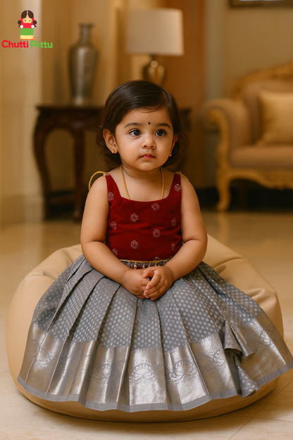 Red & Grey Kanchi Soft Silk Halter Neck Set | CPM_0296