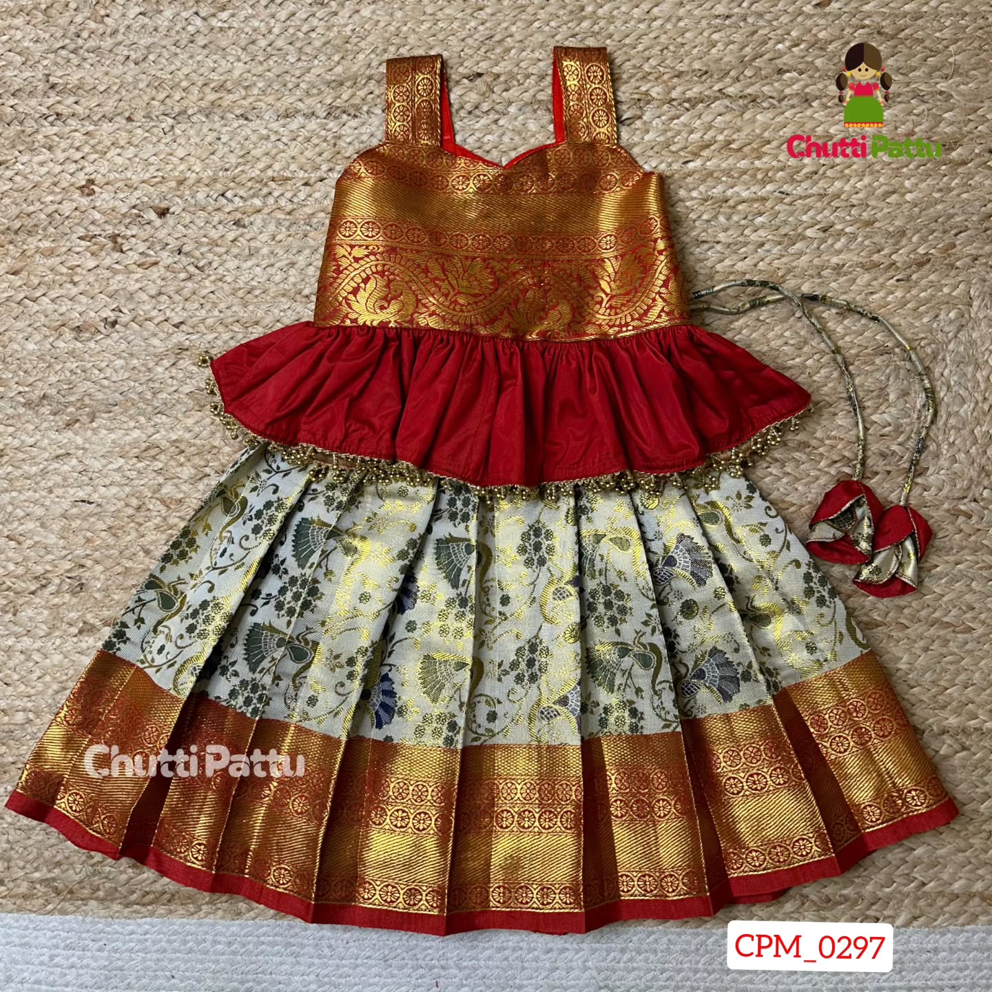 ROJA - Off-White & Red Pure Kanchi Silk Peplum Set | CPM_0297