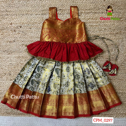 ROJA - Off-White & Red Pure Kanchi Silk Peplum Set | CPM_0297