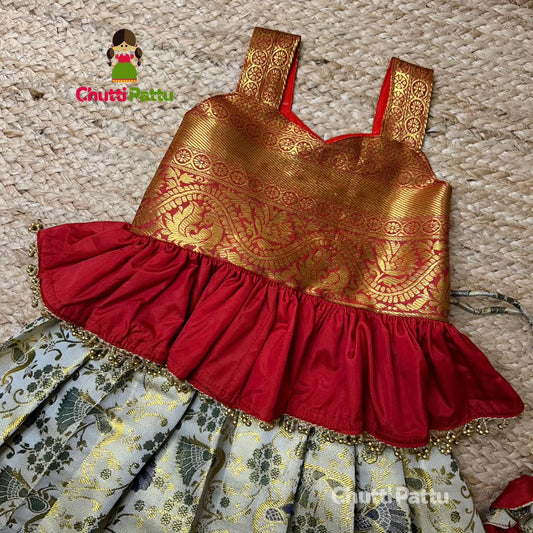 ROJA - Off-White & Red Pure Kanchi Silk Peplum Set | CPM_0297