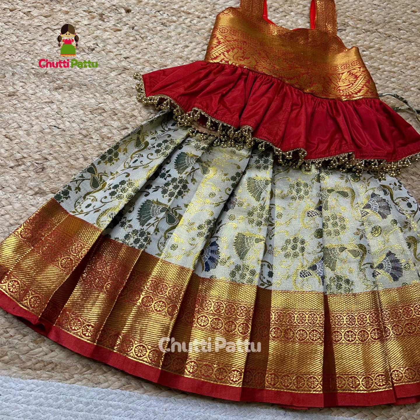 ROJA - Off-White & Red Pure Kanchi Silk Peplum Set | CPM_0297