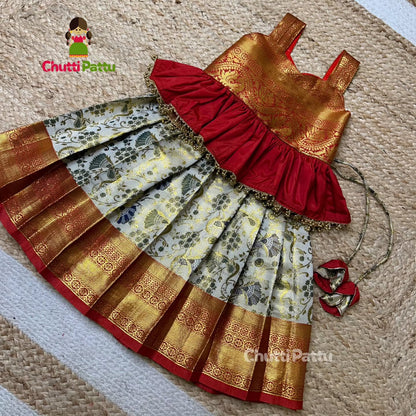 ROJA - Off-White & Red Pure Kanchi Silk Peplum Set | CPM_0297