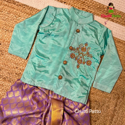 Mint & Lavender Kanchi Silk Aari Kurta – Dhoti Set | CPM_0298B