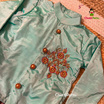 Mint & Lavender Kanchi Silk Aari Kurta – Dhoti Set | CPM_0298B