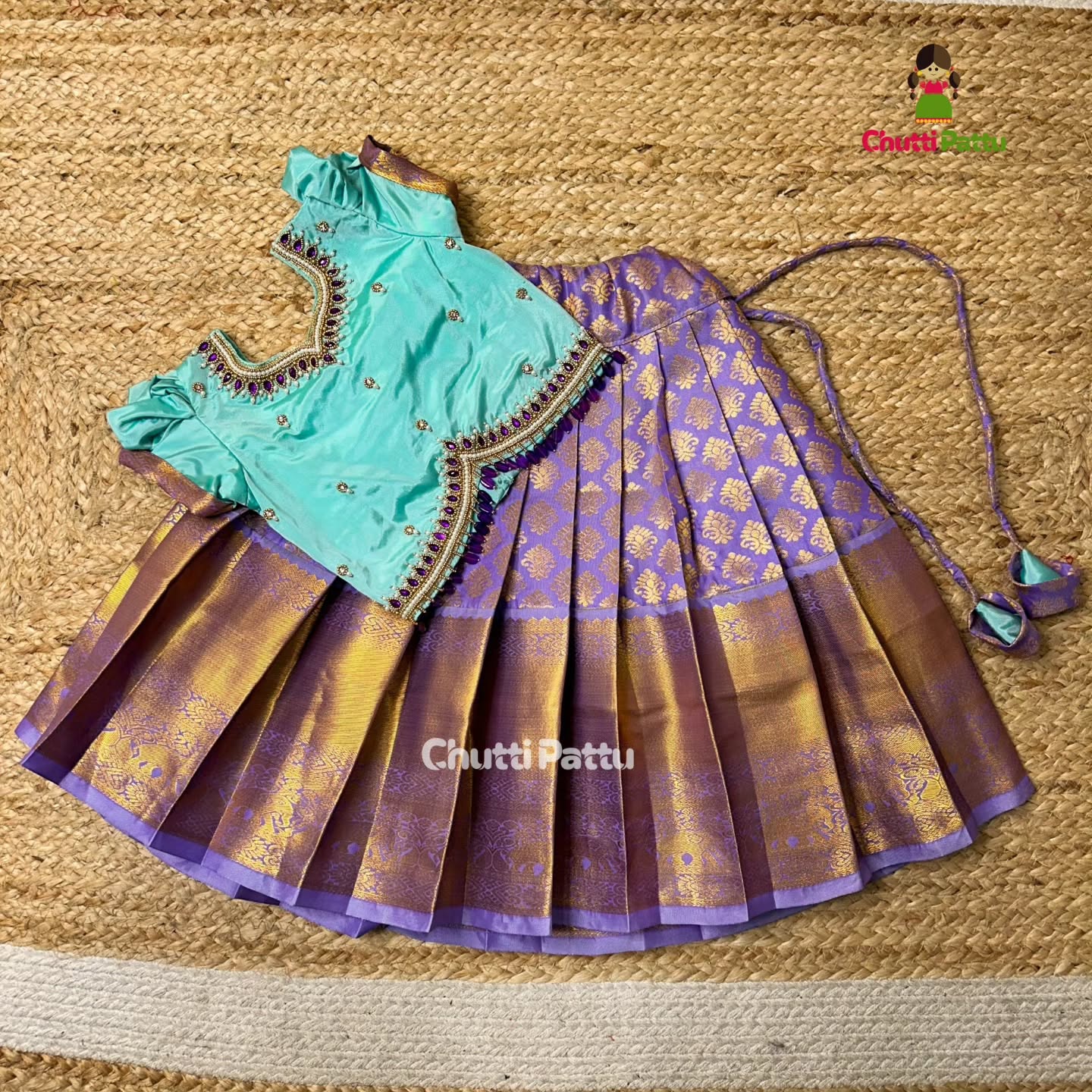 Mint & Lavender Kanchi Soft Silk Aari Top and Skirt | CPM_0298