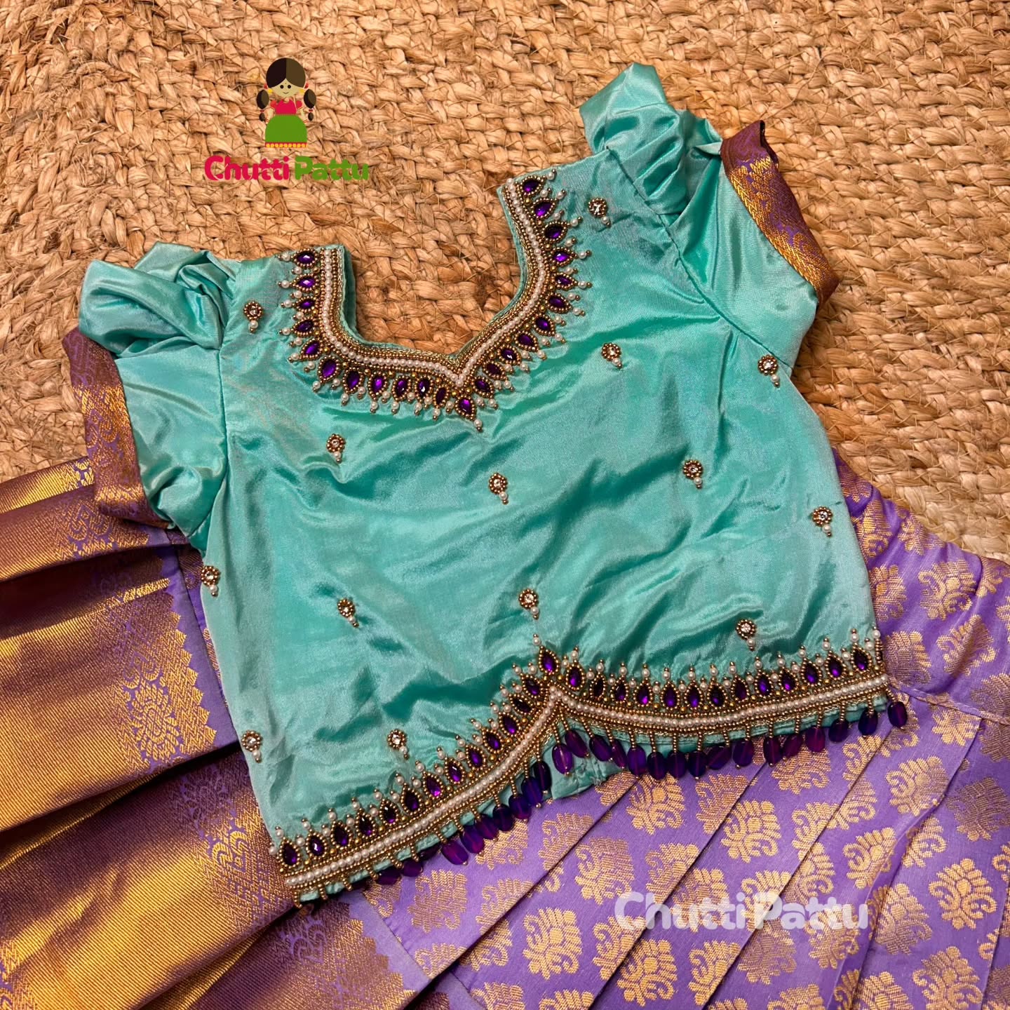 Mint & Lavender Kanchi Soft Silk Aari Top and Skirt | CPM_0298