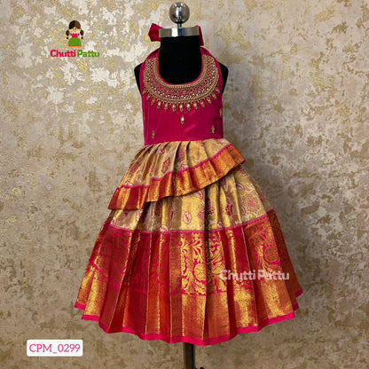 Gold & Pink Kanchi Tissue Silk Halter Neck Aari Gown | CPM_0299