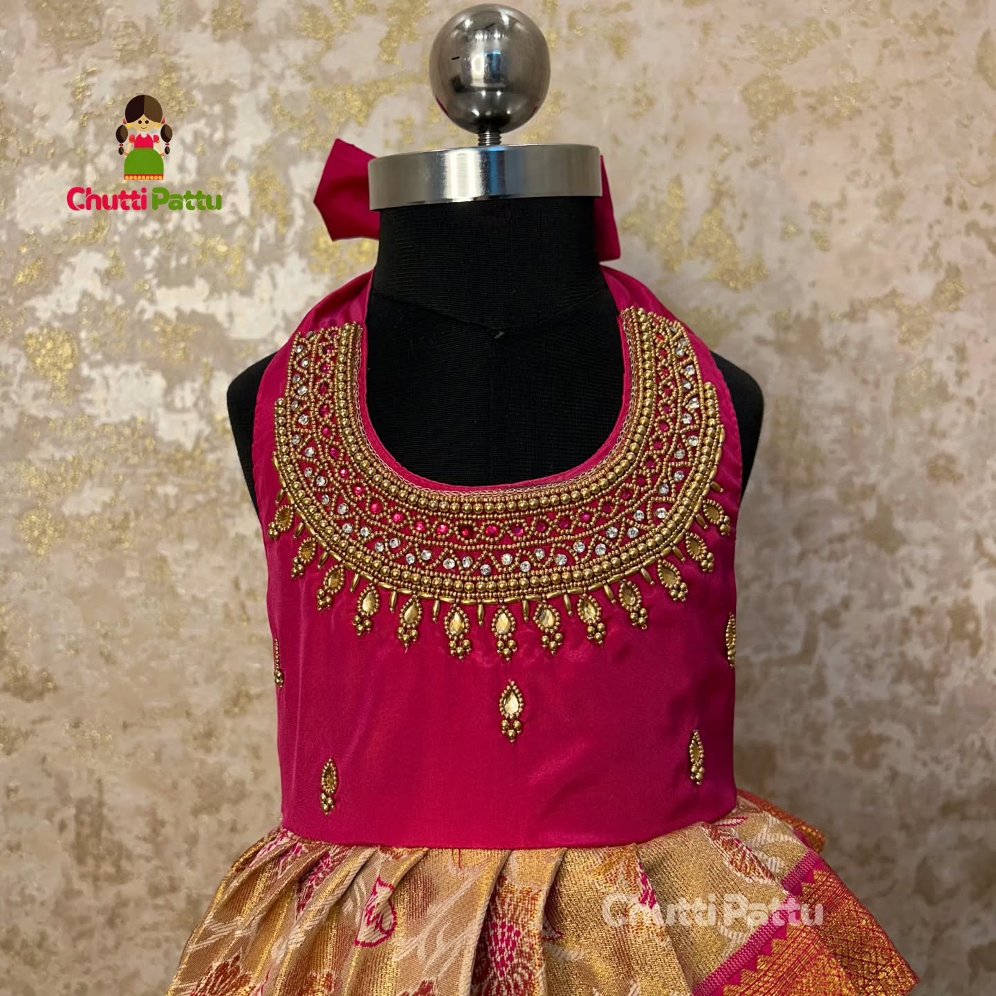 Gold & Pink Kanchi Tissue Silk Halter Neck Aari Gown | CPM_0299