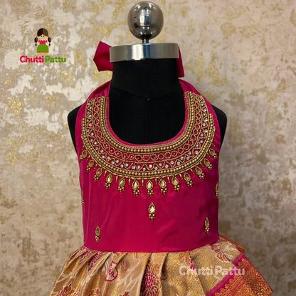 Gold & Pink Kanchi Tissue Silk Halter Neck Aari Gown | CPM_0299