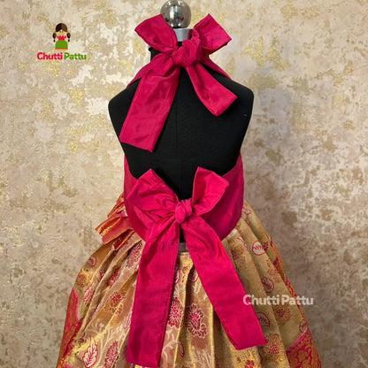 Gold & Pink Kanchi Tissue Silk Halter Neck Aari Gown | CPM_0299