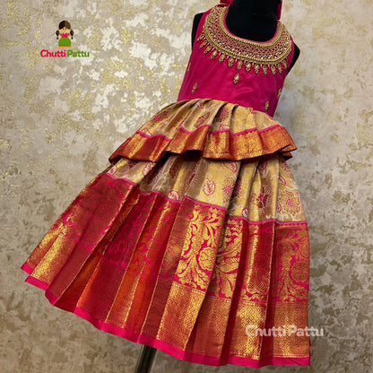 Gold & Pink Kanchi Tissue Silk Halter Neck Aari Gown | CPM_0299