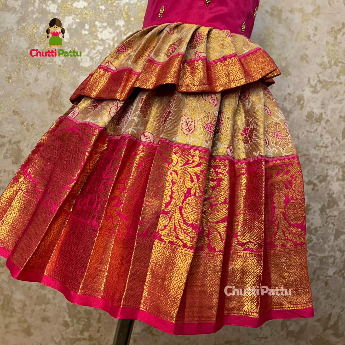 Gold & Pink Kanchi Tissue Silk Halter Neck Aari Gown | CPM_0299