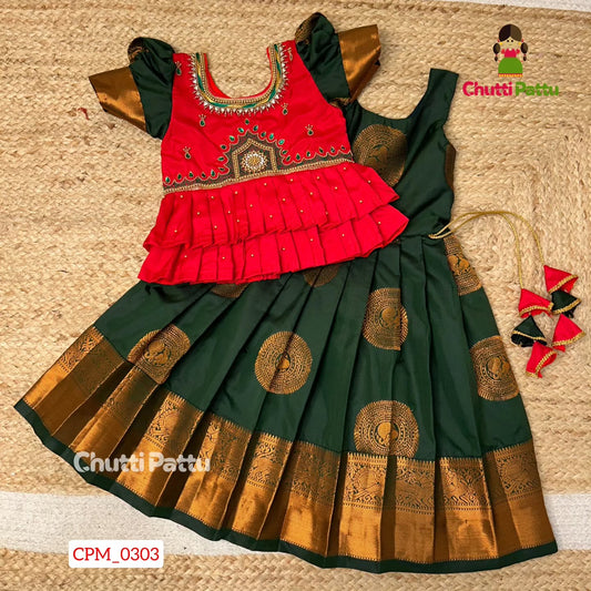 Red & Green Kanchi Soft Silk Premium Aari Pattu Pavadai | CPM_0303